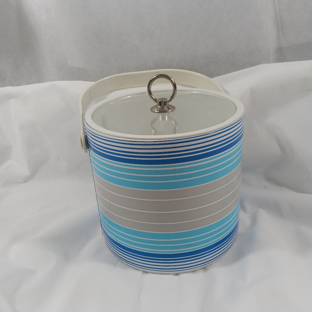 Mid Century Modern Blue Gray Striped Ice Bucket Made By Phoenix Melanie